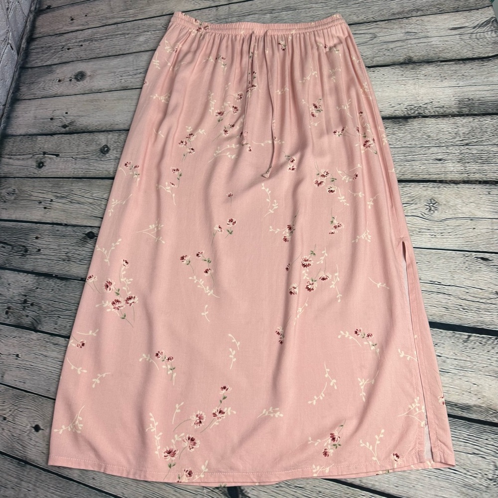 Vintage 90s Y2K Radcliffe Pink Floral Cottagecore Side Slit Midi Skirt Sz Medium